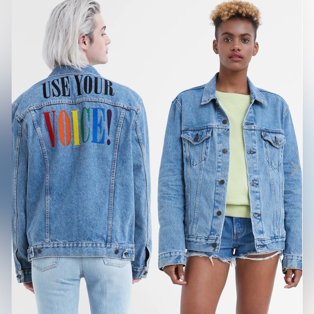 Levi’s|Gender Neutral trucker jacket with colorful design on back,USE YOUR VOICE